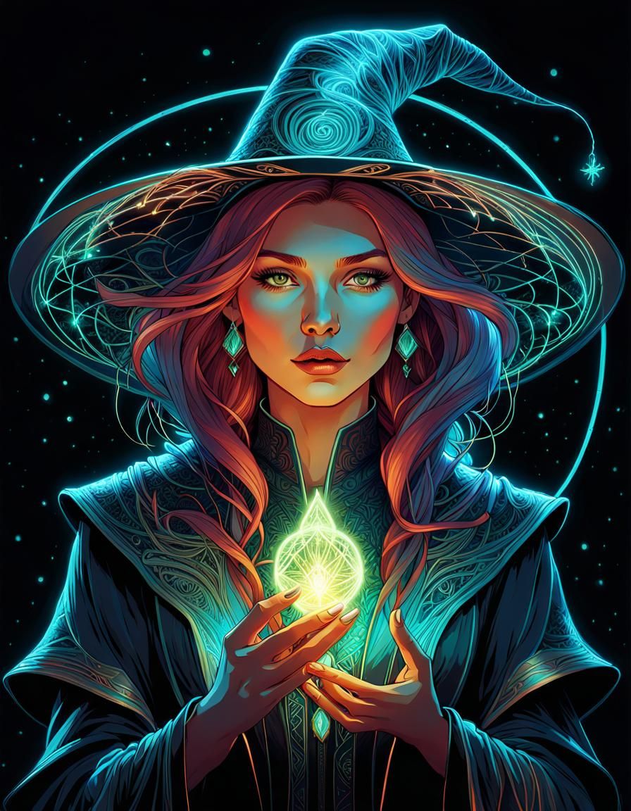 Neon Witchcraft: A Glowing Digital Art Portrait