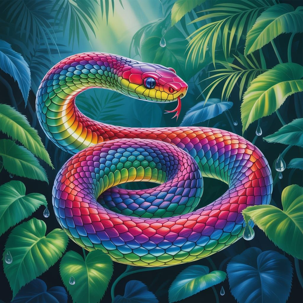 Rainbow Gemstone Snake Amidst Lush Foliage