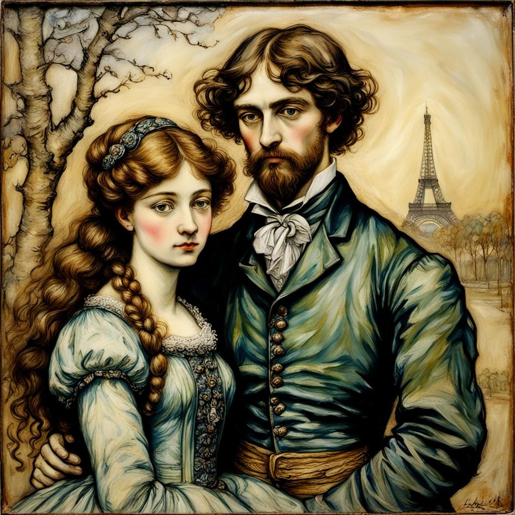 Parisian Couple Portrait in Pre-Raphaelite Style