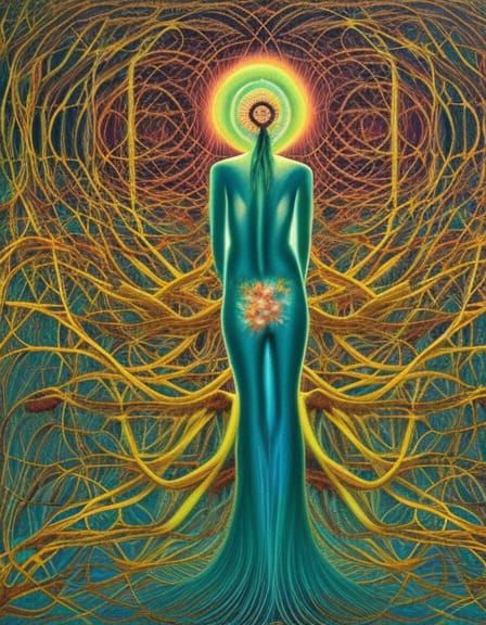 Sunset Human-Vine Hybrid in Warped Forest Perspective