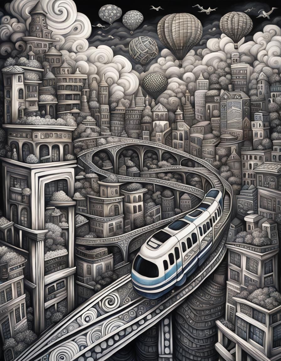 Ominous Cityscape with Monorail in Surreal Oil Painting