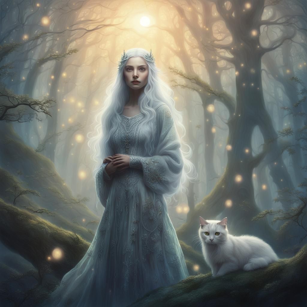 Cat-Human Hybrid in Misty Forest, Fantasy Artwork