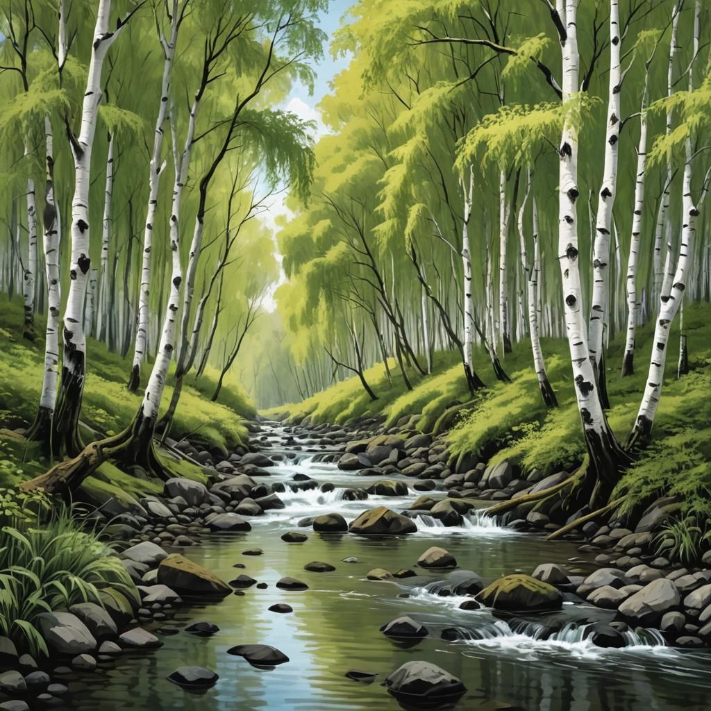 Rocky Beach with Weeping Willows: Mixed Media Art