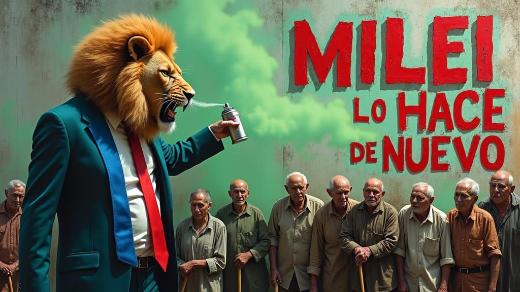 Lion-Headed Figure Spraying Paint in Digital Art Style