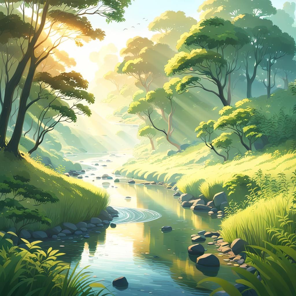 Serene Green Landscape Inspired by Anime Art