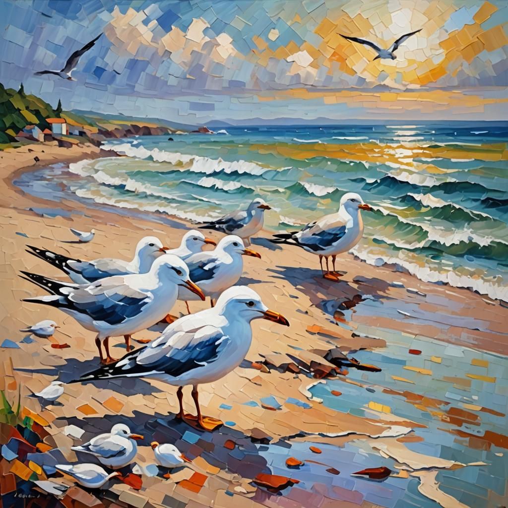Seagulls on Shore in Neo-Impressionist Oil Painting