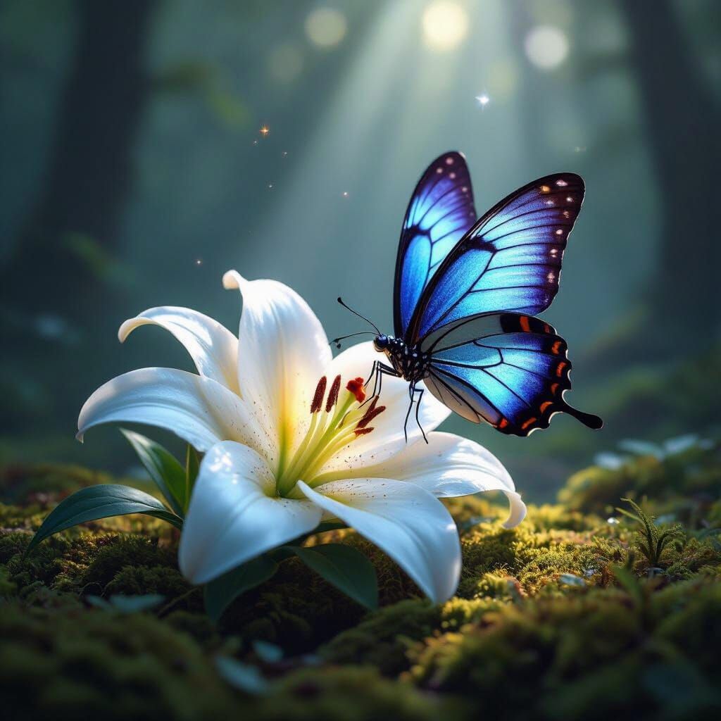 Surreal Butterfly on Radiant Lily in Dreamlike Forest