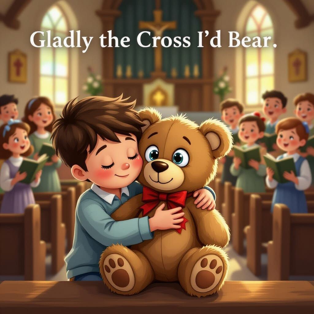 Boy and Cross-Eyed Teddy Bear in Church