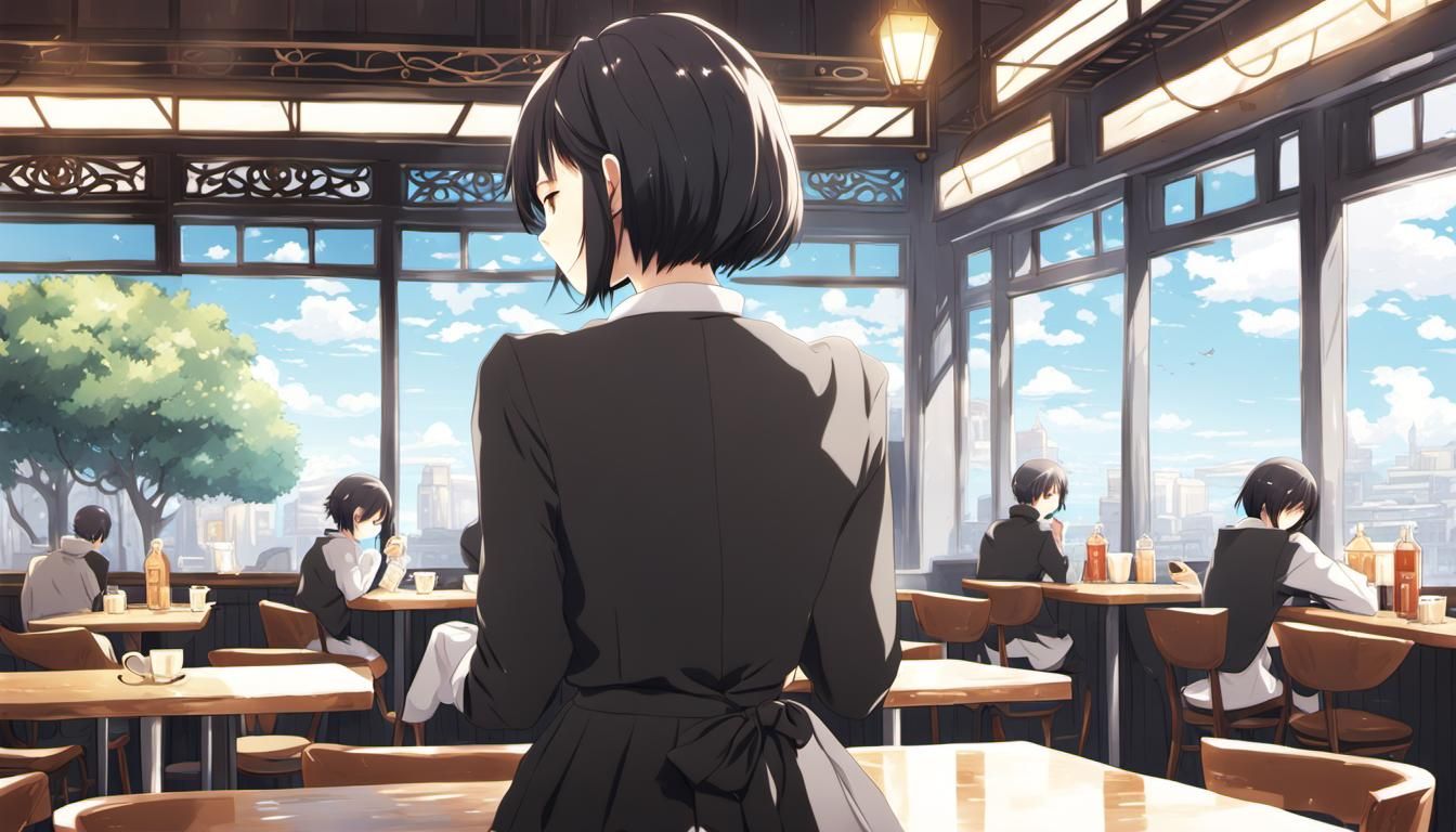 Anime Girl in Cafe Back View