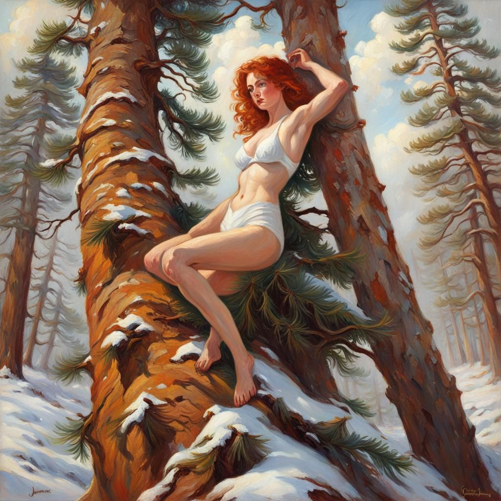 Redhead Climbs Snowy Pine: Oil Painting