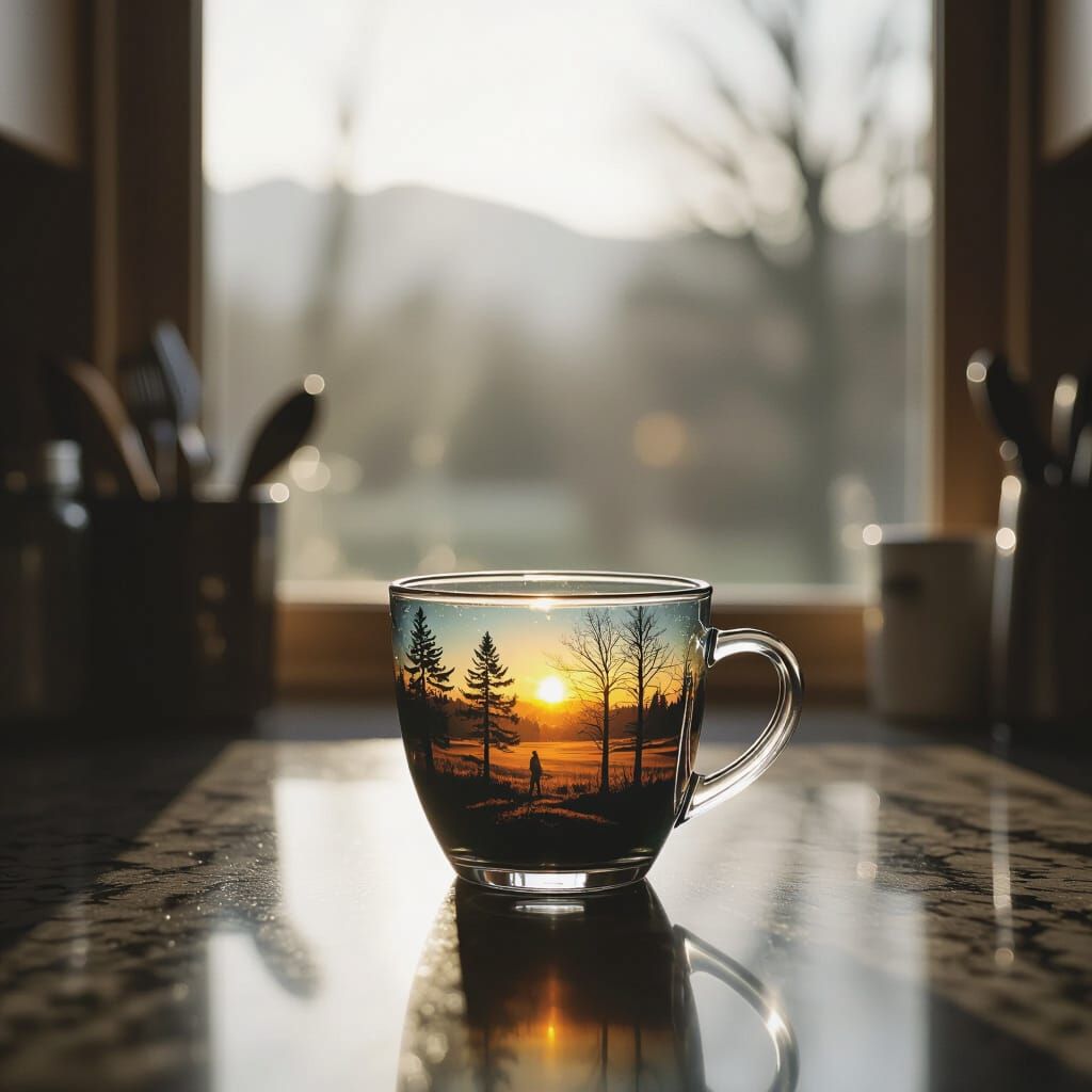 Vibrant Outdoor Scene Inside Cup Contrasts Sepia Kitchen
