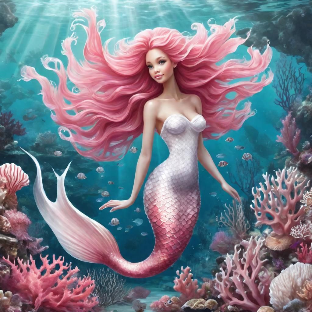 Elegant Mermaid Queen in Coral Reef Painting