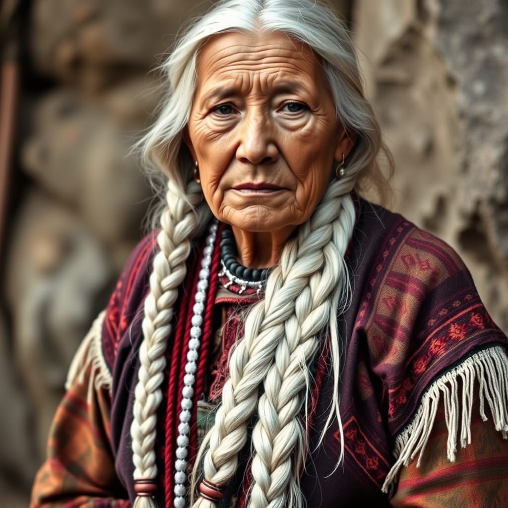 Elderly Native American Woman with Braided White Hair