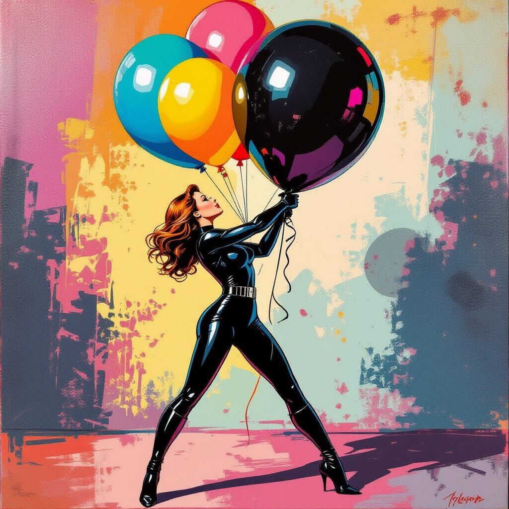 Black Widow Embraces Giant Balloon in Vibrant Whimsical Scen...