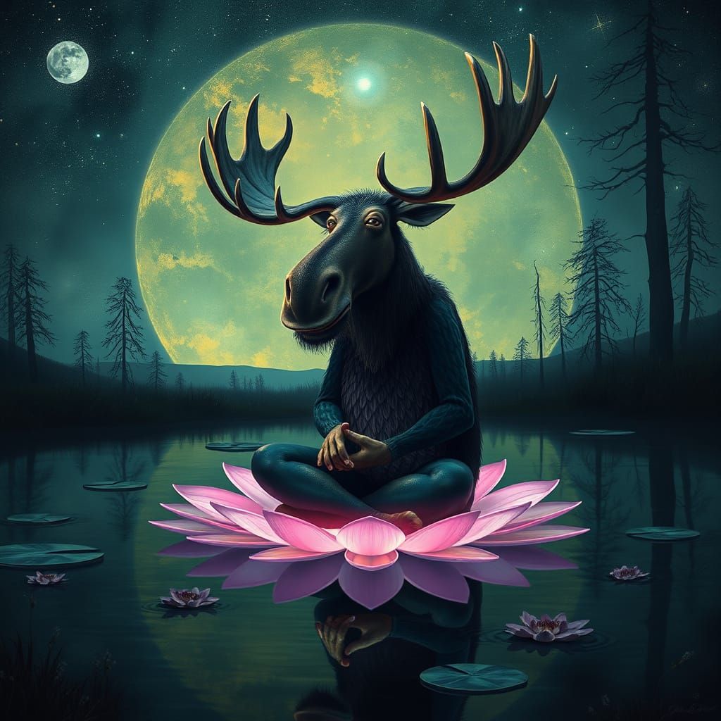 Bioluminescent Moose Meditating in Surreal Medieval Landscap...