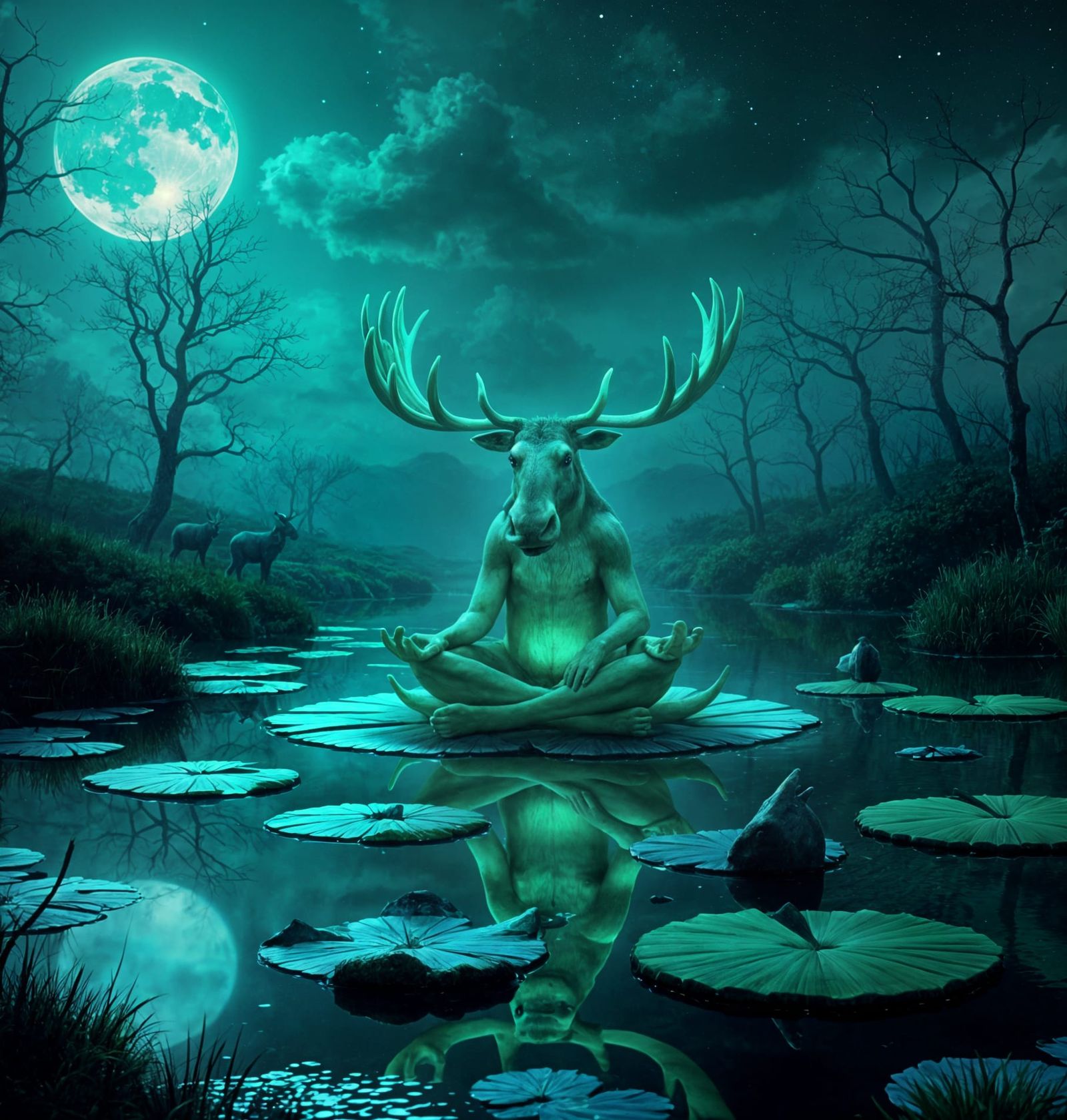 Bioluminescent Moose Meditates in Surreal Medieval Landscape