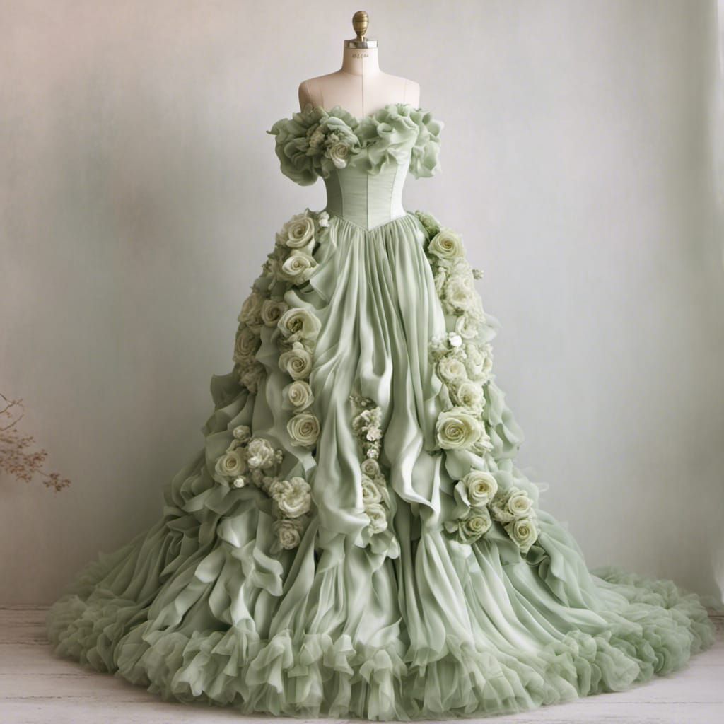 Pale Green Rococo Dress with Ruffles and Roses