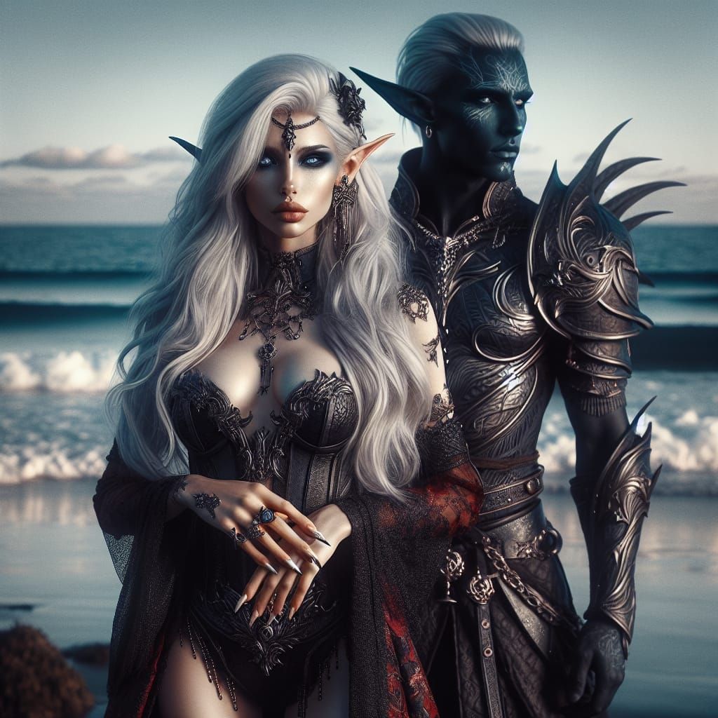Dark Elf Priestess and Warrior on Seashore