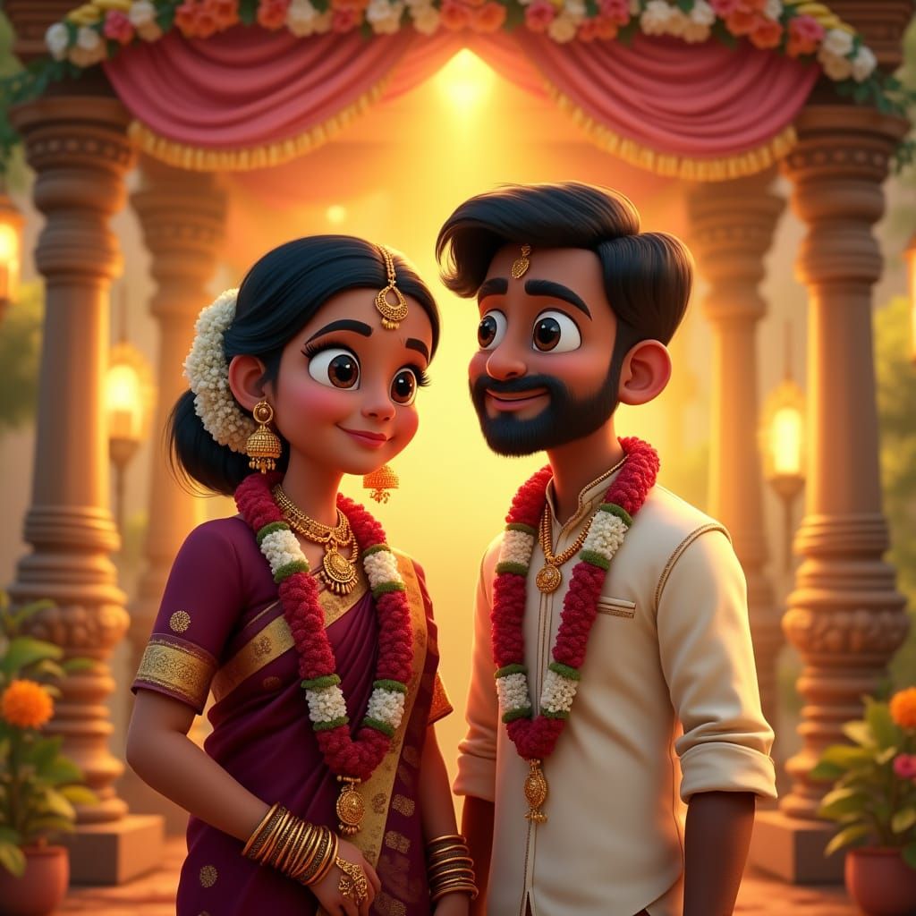 Tamil Wedding Couple in Vibrant 3D Cartoon Style