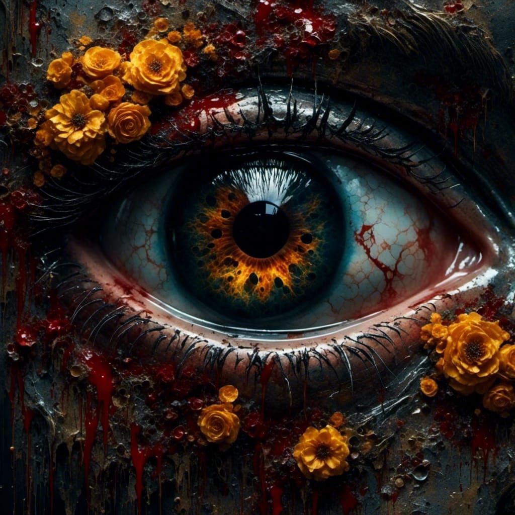 Bloodshot Yellow Eye with Flowers in Watercolor Style