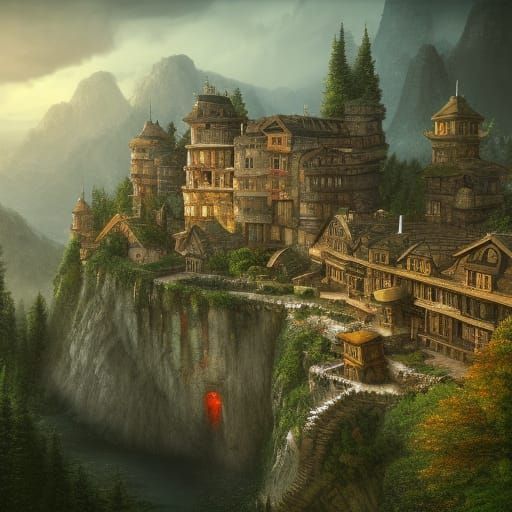 Fantasy Walled Town Surrounded by Forest: Matte Painting