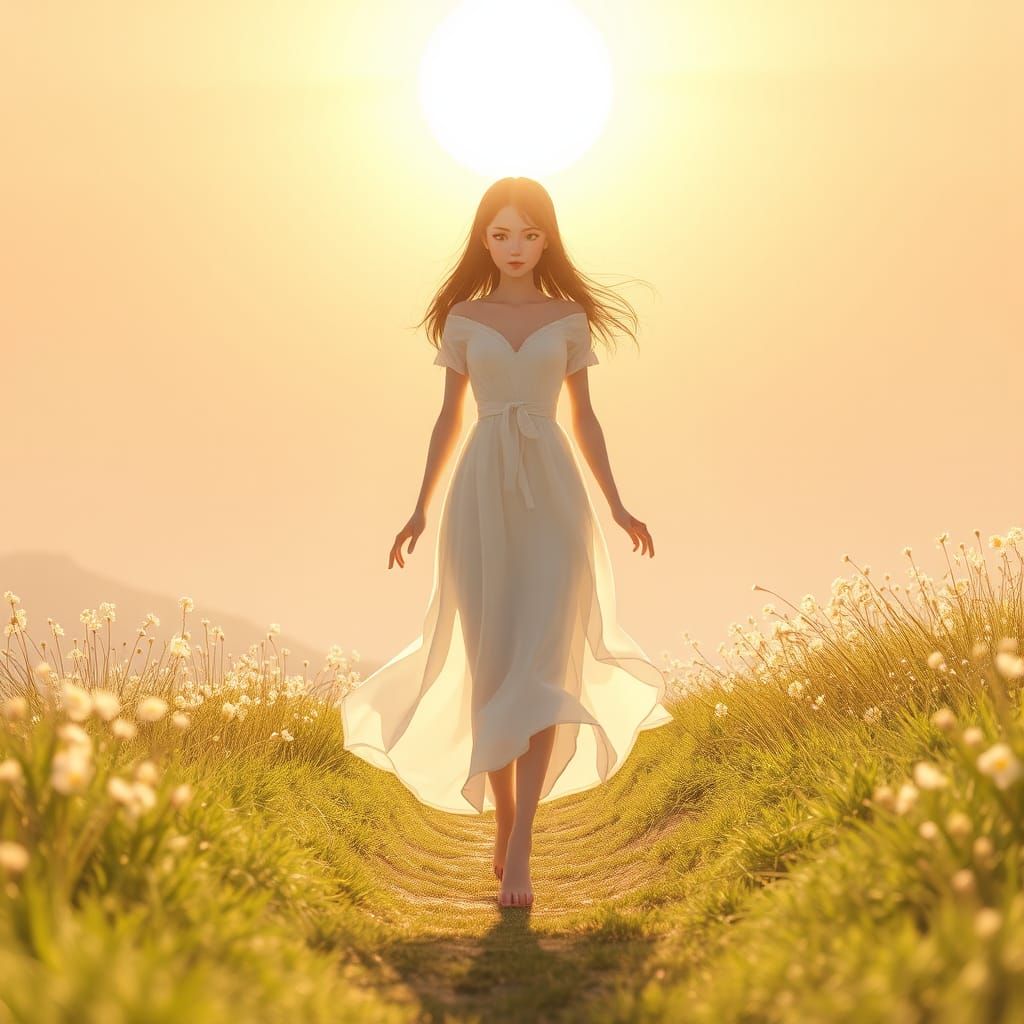 Radiant Figure in Sunlit Anime Landscape