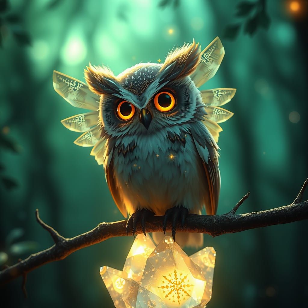 Magical Owl Perched on Crystal Branch in Anime Style