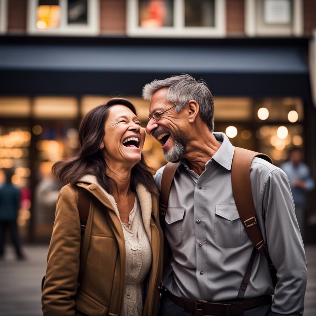 Laughing Couple Outside Bookstore: Professional Photography
