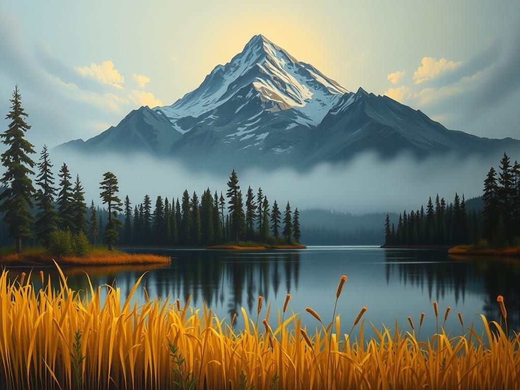 Mountain Sunset Reflected in Lake: Oil Painting
