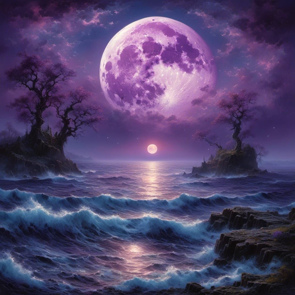 Mystical Purple Moon Over Ocean at Night