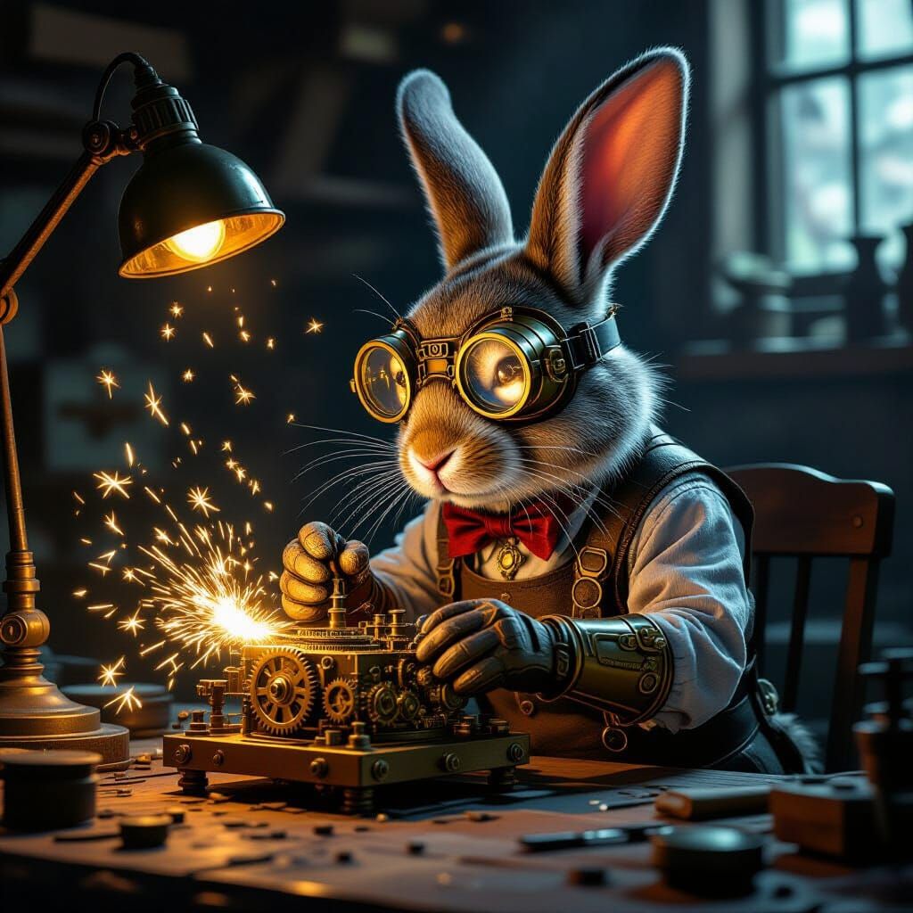 Steampunk Rabbit Engineer assembles Clockwork Device