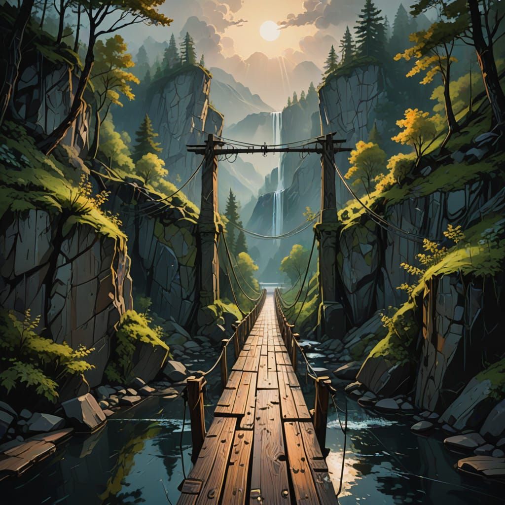 Chiaroscuro Bridge Across the Misty Gorge