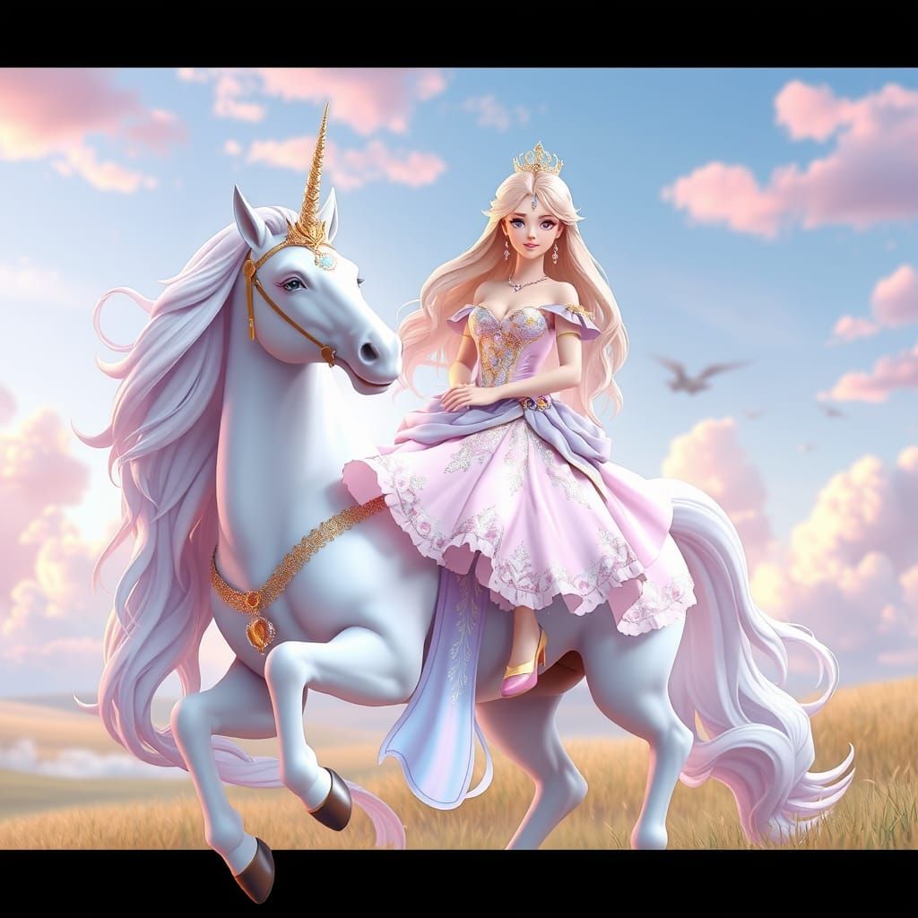 Regal Princess Cinderella Rides Majestic Unicorn in Whimsica...