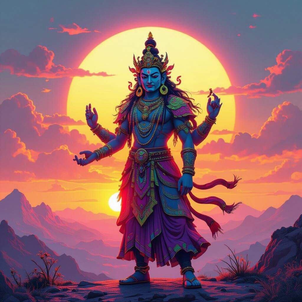 Mahakala in Neon Hues at Sunrise: Digital Art