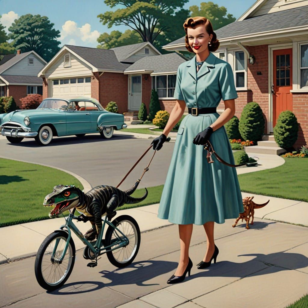 1950s Housewife Walks Her Pet Raptor Dinosaur
