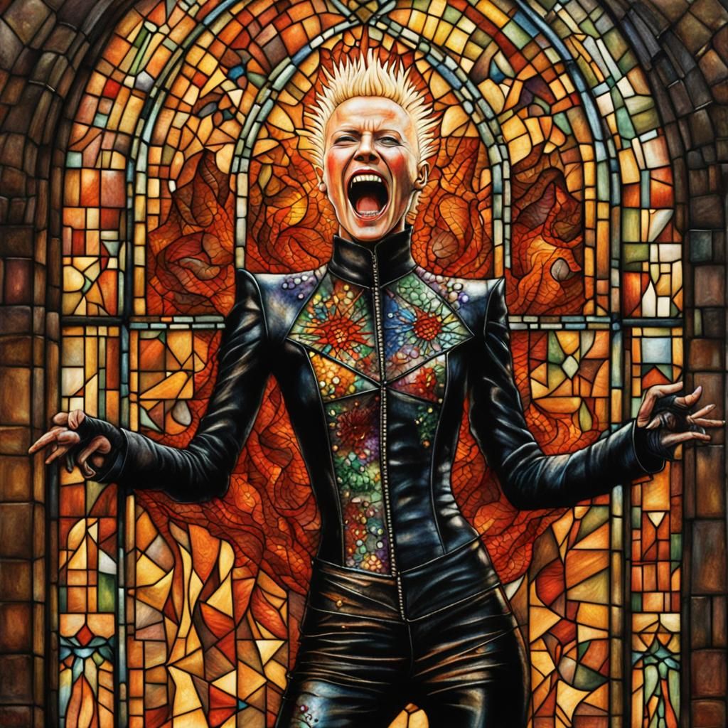 Hyperrealistic Female Pinhead Screaming Before Stained Glass