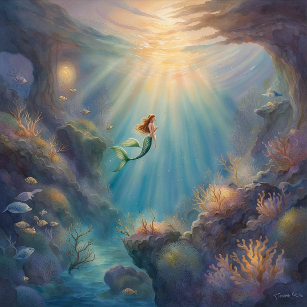 Ethereal Mermaid in Underwater Reef Watercolor