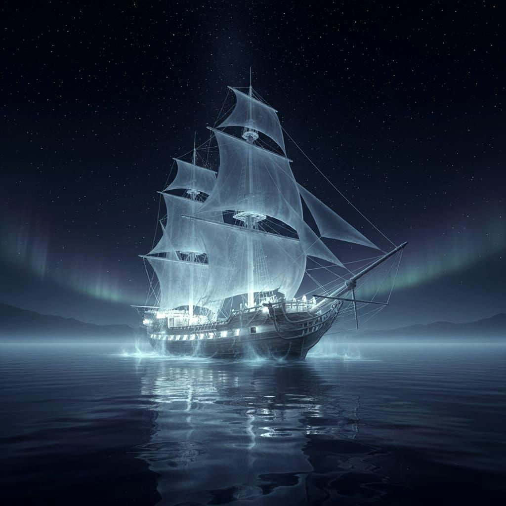 Ethereal Ghost Ship on Calm Sea Under Starry Night