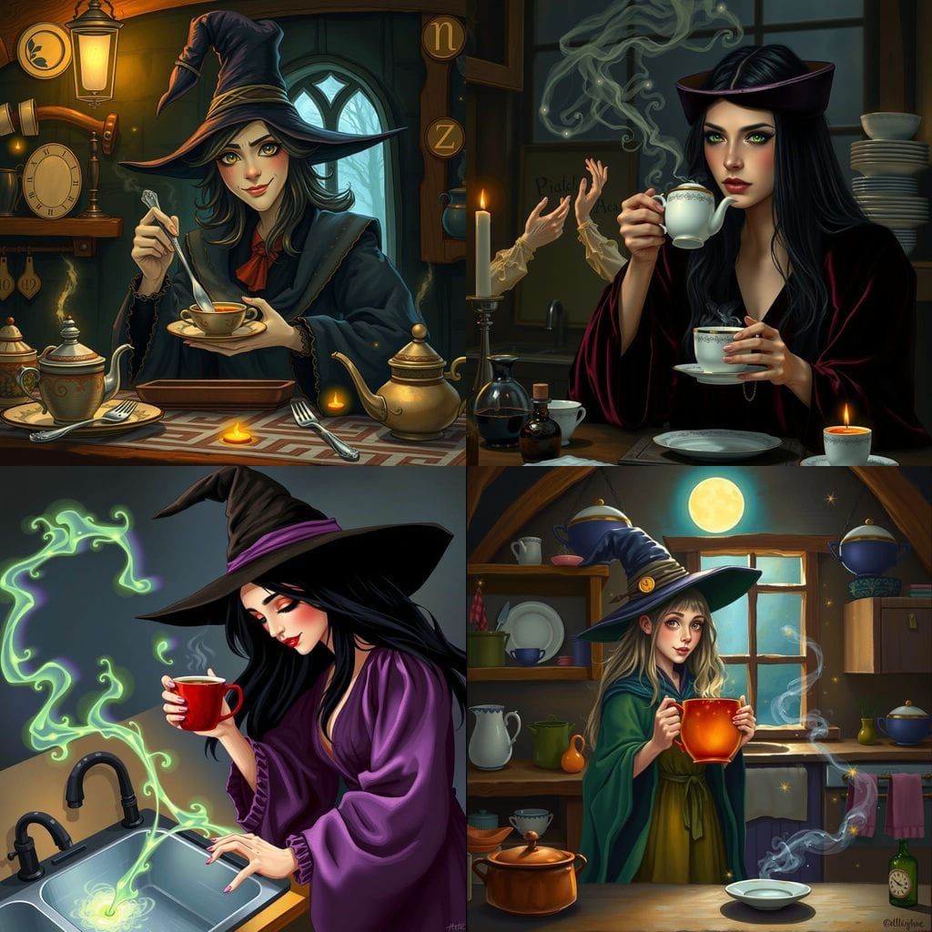 Witch Enjoys Tea Amidst Self-Cleaning Dishes
