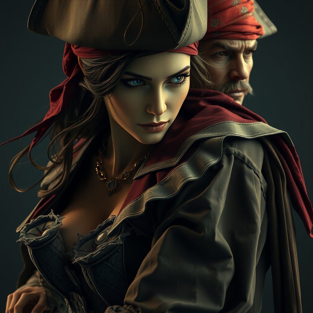 Dramatic Pirate Portrait in Art Nouveau Style