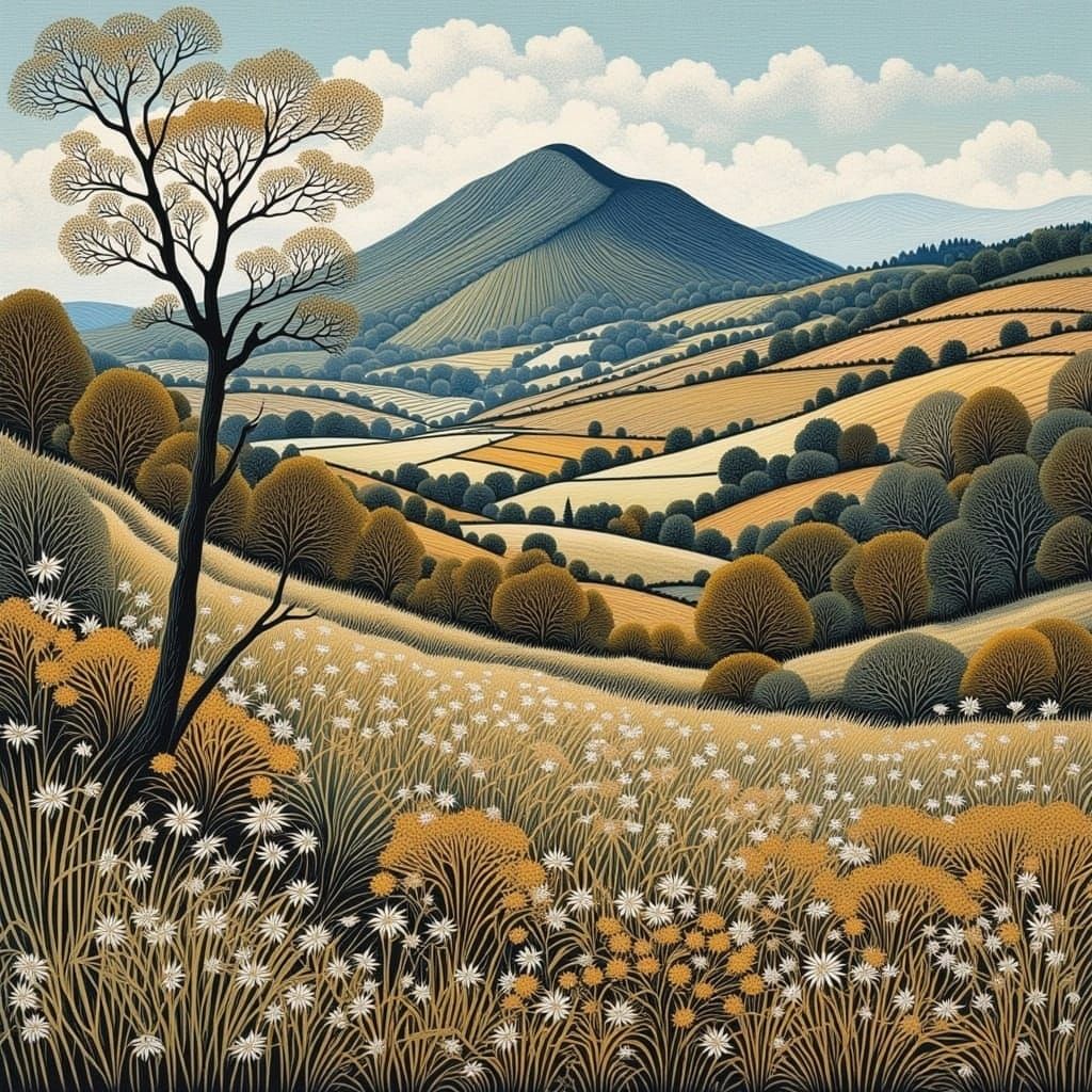 Carved Wood Mountain Landscape Illustration