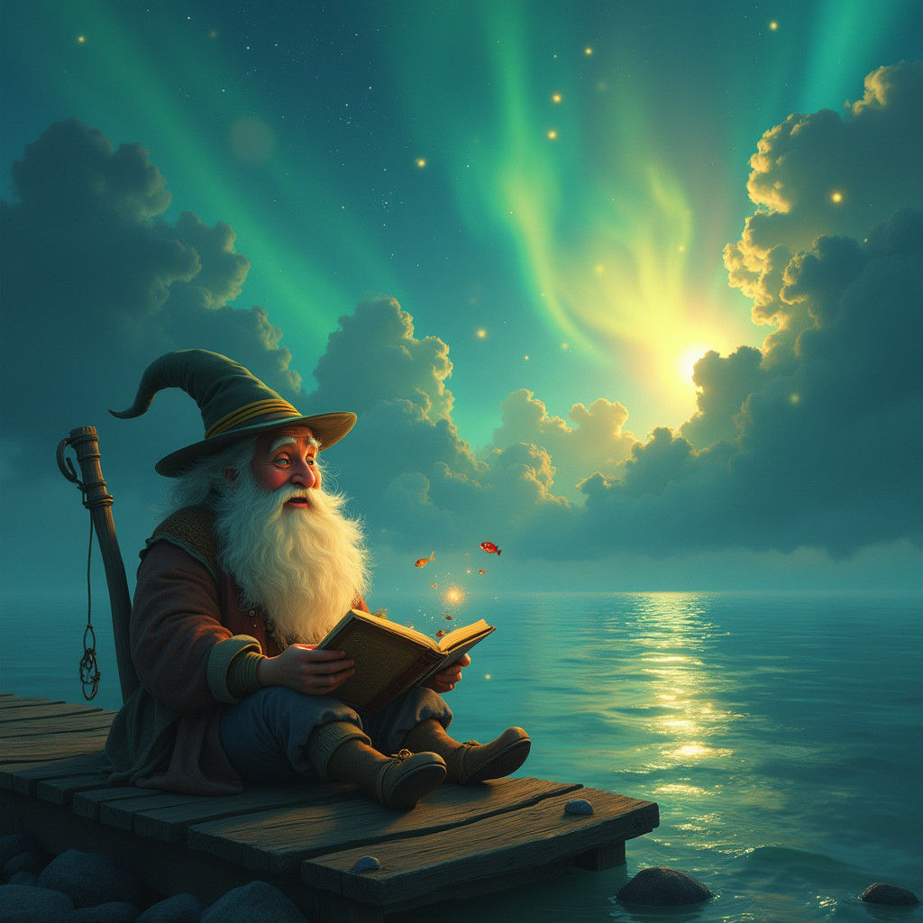 Whimsical Fisherman's Tale in Dreamlike Landscape