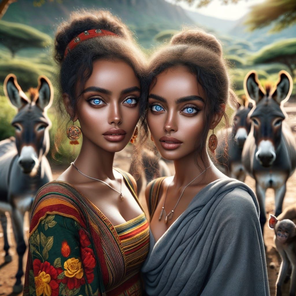 2 Beautiful Ethiopian women with blue eyes wearing tradition...
