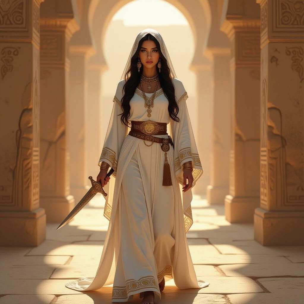 Desert Nomad Priestess in Ancient Temple, Detailed Character...