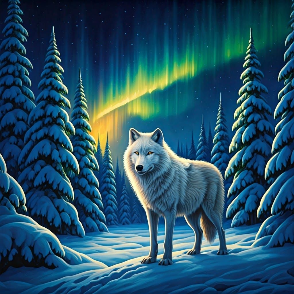 Ethereal White Wolf Under Aurore Boréale