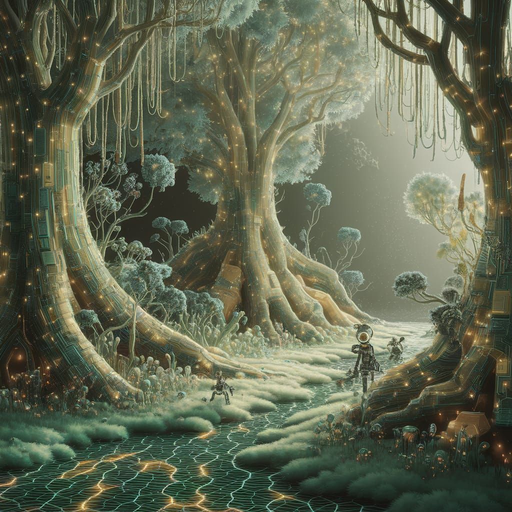 Enchanted Circuitry Forest with Nanobot Ground