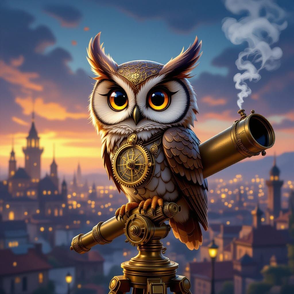 Clockwork Owl on Telescope Above Gaslit Steampunk City
