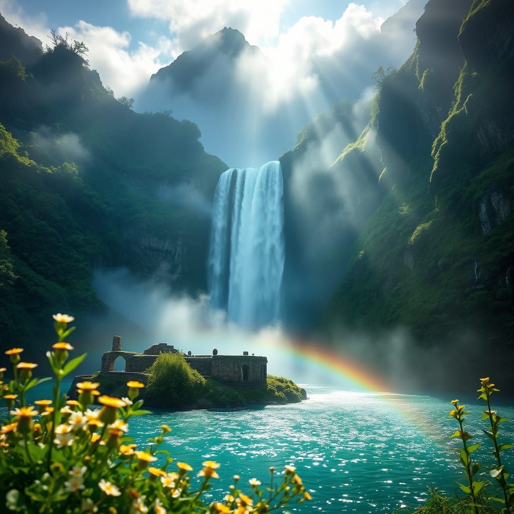 Misty Mountain Waterfall Scene in Hyper-Realistic Style