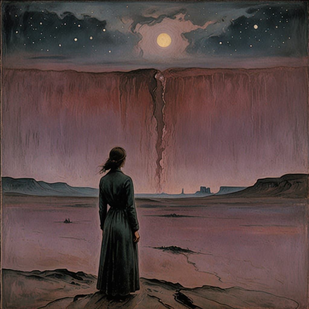 Surreal Woman Weeps in Mauve and Grey Desert Landscape of Bi...