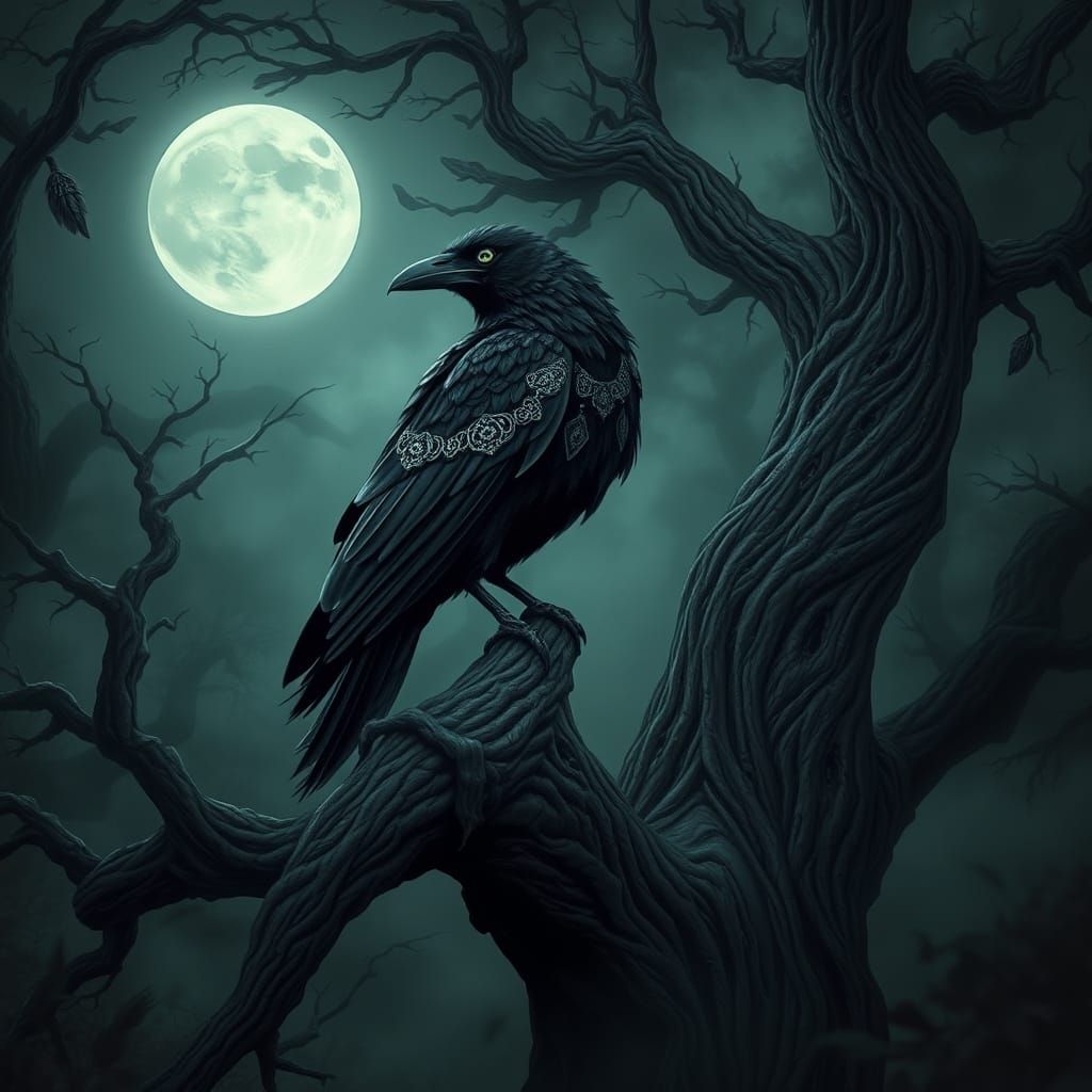 Raven with Silver Filigree in Haunted Forest